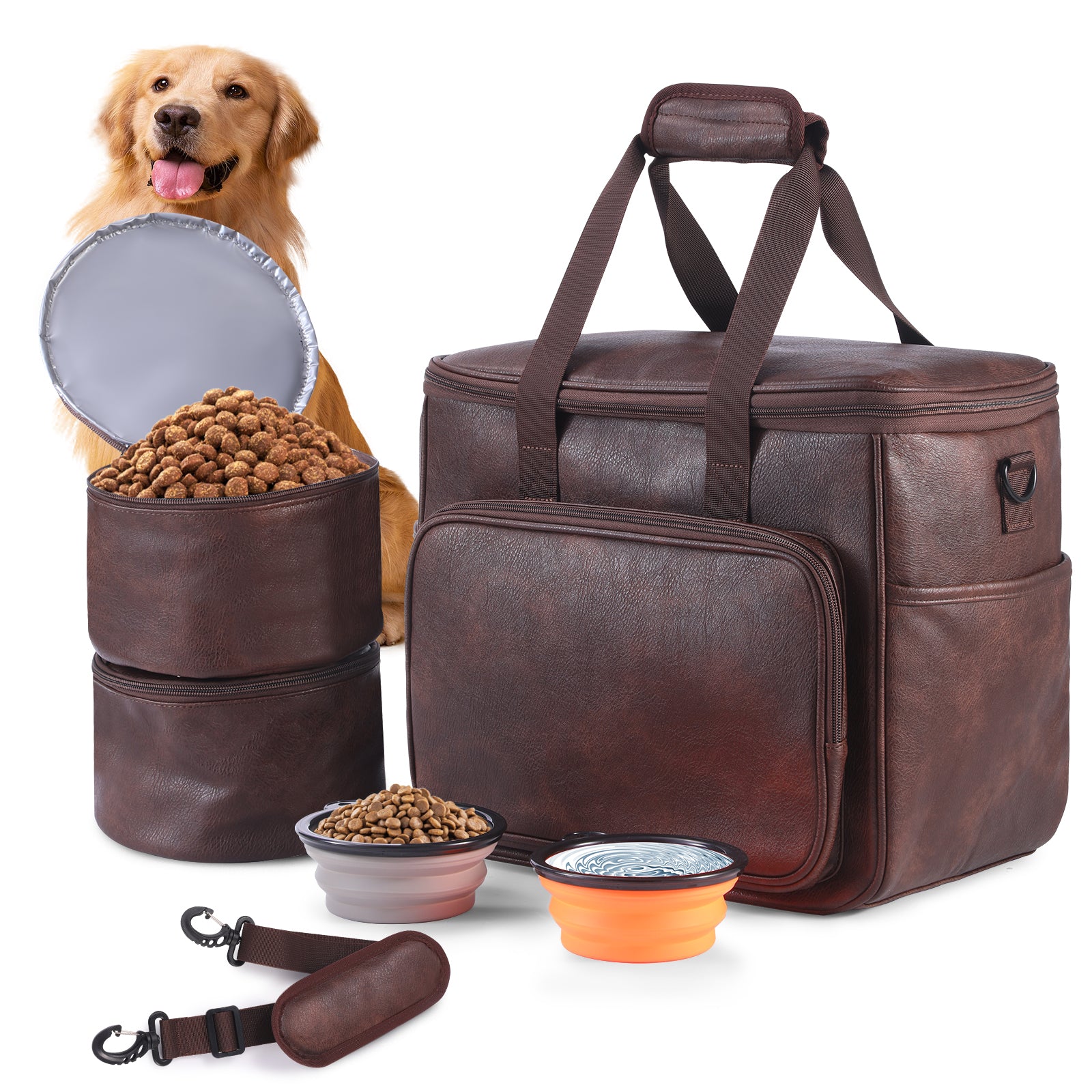 Dog Travel Bag, Leather Travel Pet Bag Set