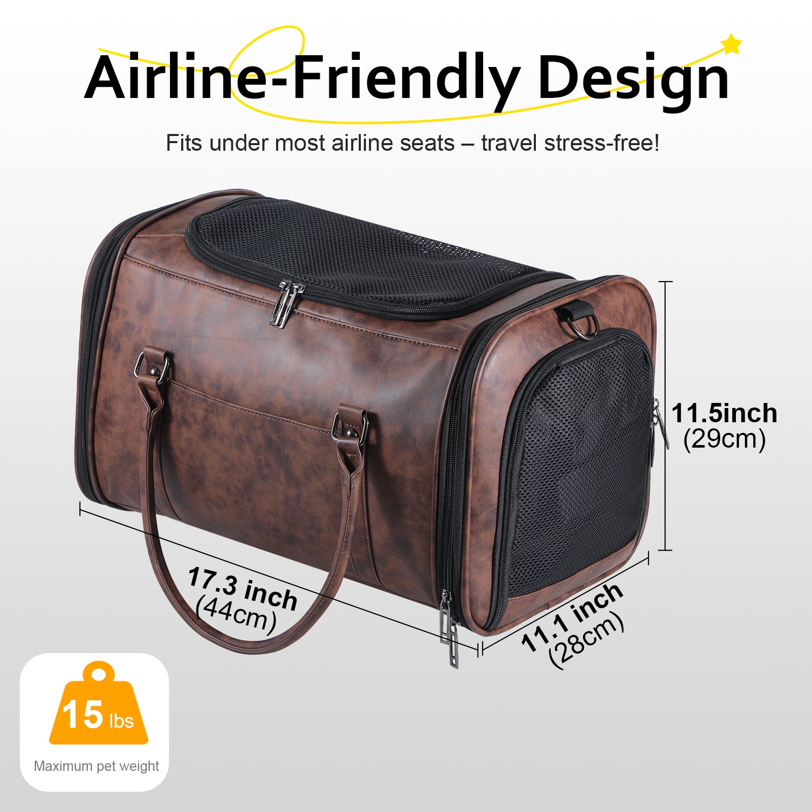 Stylish Leather Pet Carrier for Small Dogs and Cats Up to 15 lbs, Airline Approved Lightweight Travel Tote