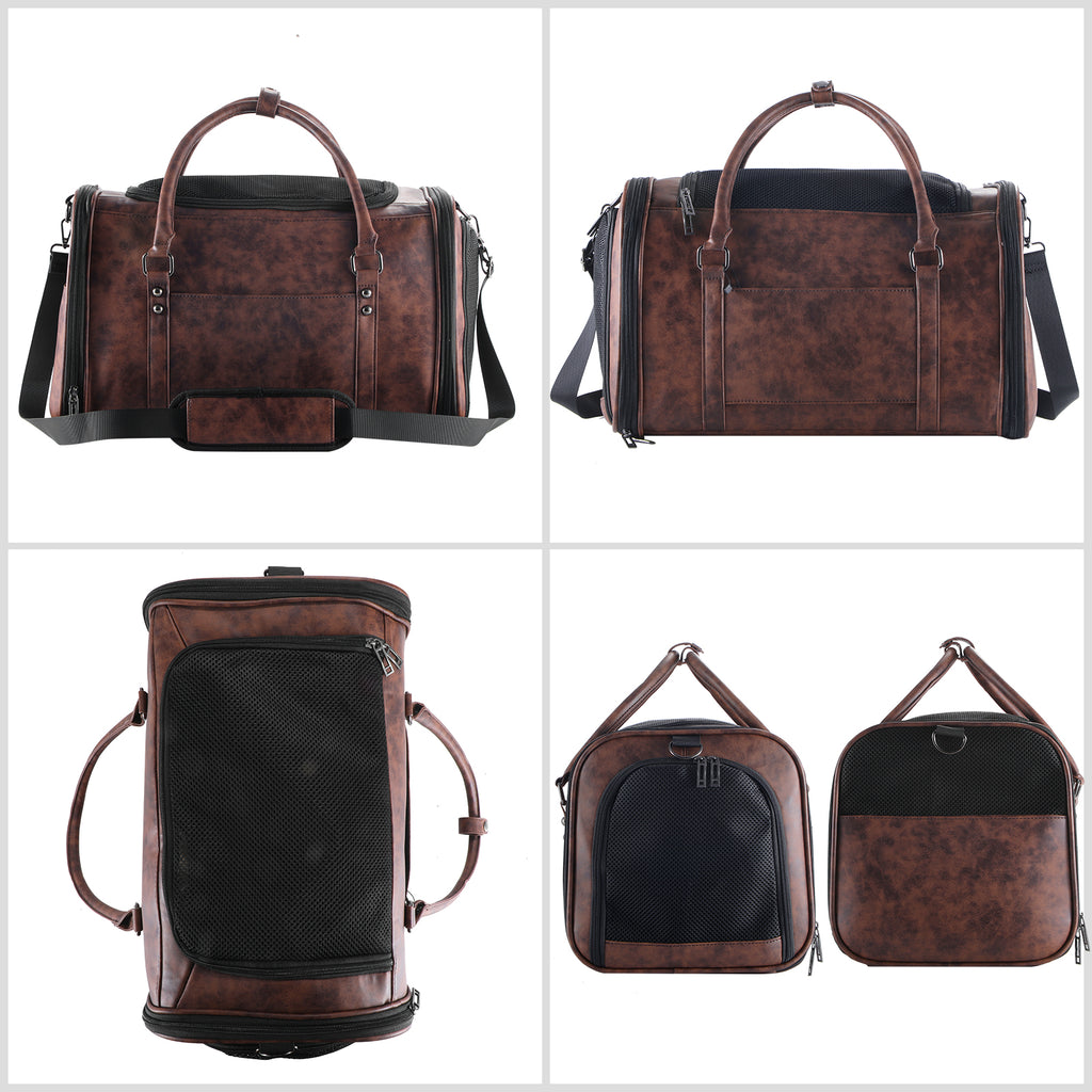 Stylish Leather Pet Carrier for Small Dogs and Cats Up to 15 lbs, Airline Approved Lightweight Travel Tote