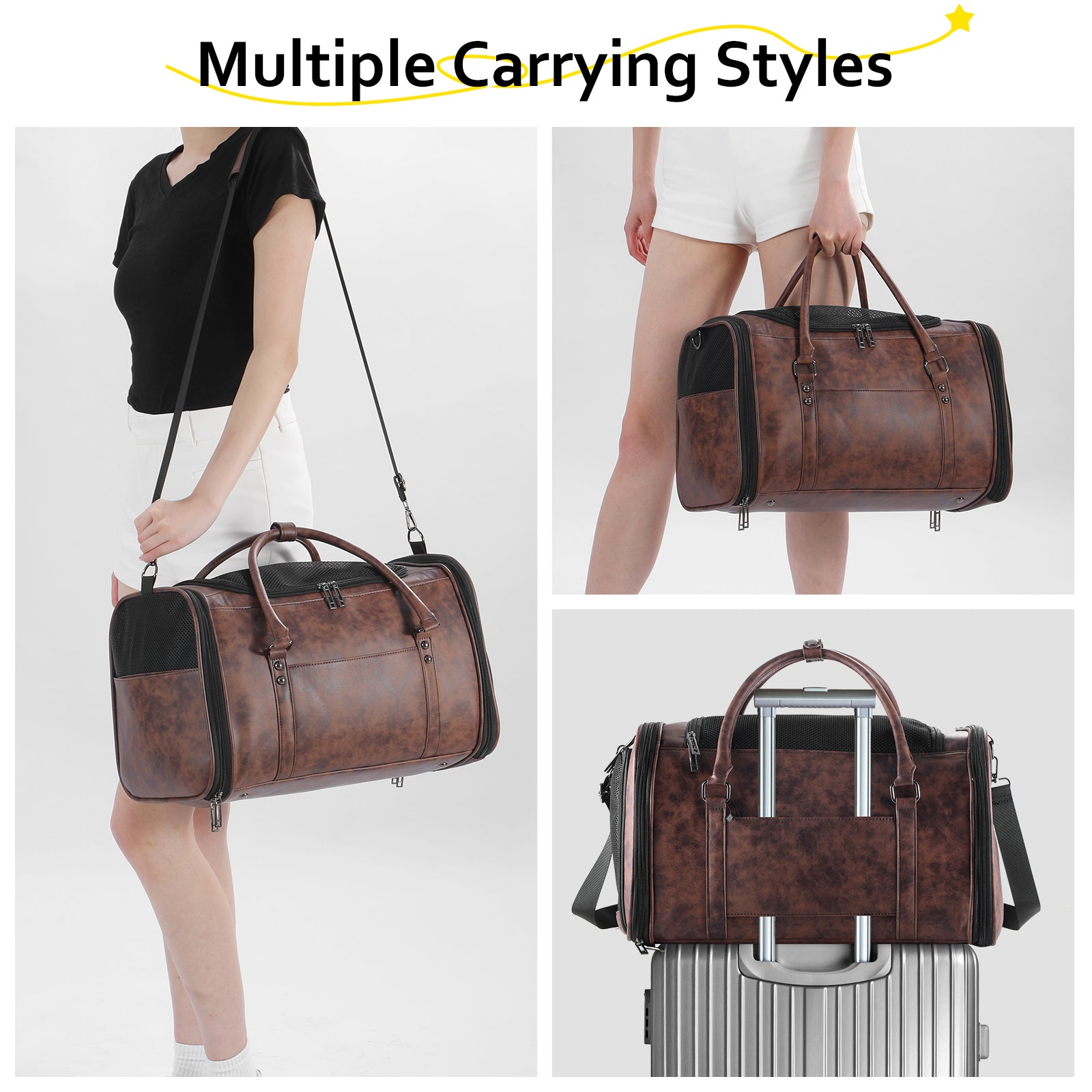 Stylish Leather Pet Carrier for Small Dogs and Cats Up to 15 lbs, Airline Approved Lightweight Travel Tote