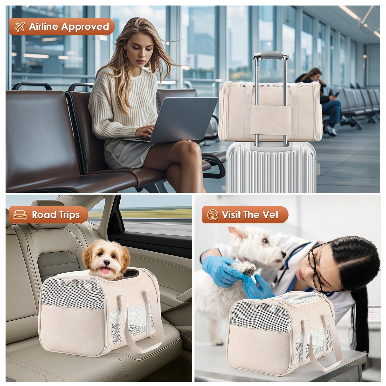 Fashion Leather Dog Carrier, Airline Approved Cat Carrier Soft Sided Pet Bag Carrier Purse